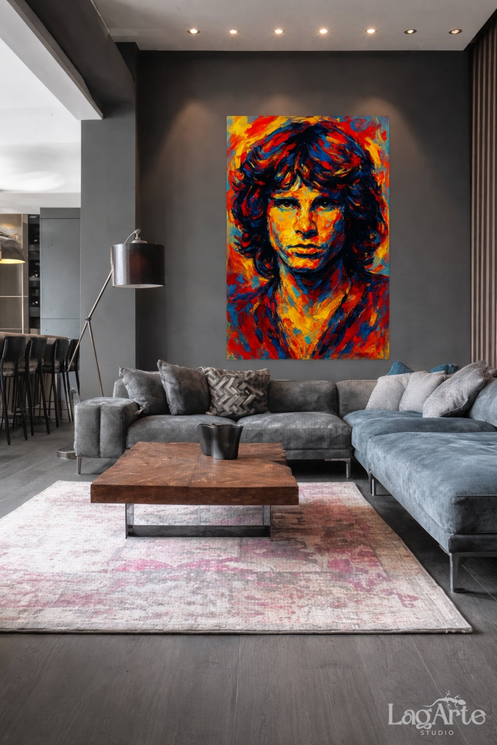 Jim Morrison portrait canvas wall art in industrial modern loft interior