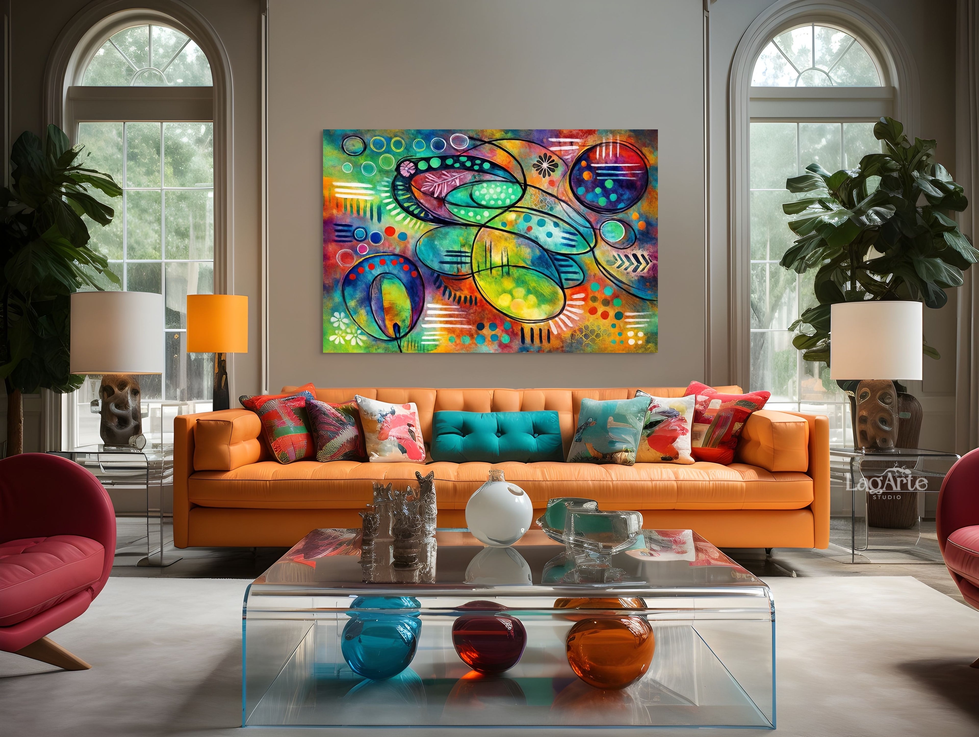 Colorful abstract canvas wall art in boho hippie living room